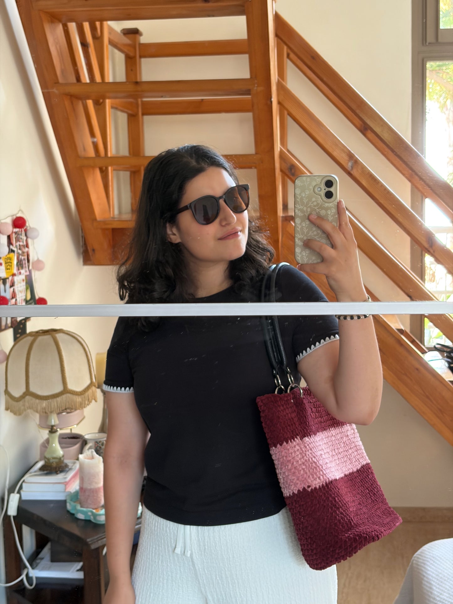 SAC TOTE CROCHET VELOURS BORDEAUX & ROSE 🍒🩷