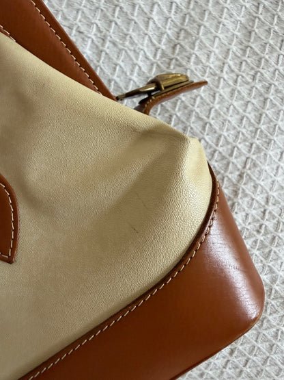 SAC RIGIDE TOILE ÉCRUE & CUIR CAMEL SERRURE LAITON