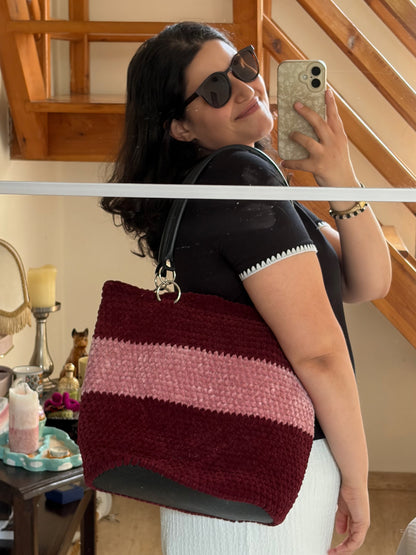 SAC TOTE CROCHET VELOURS BORDEAUX & ROSE 🍒🩷