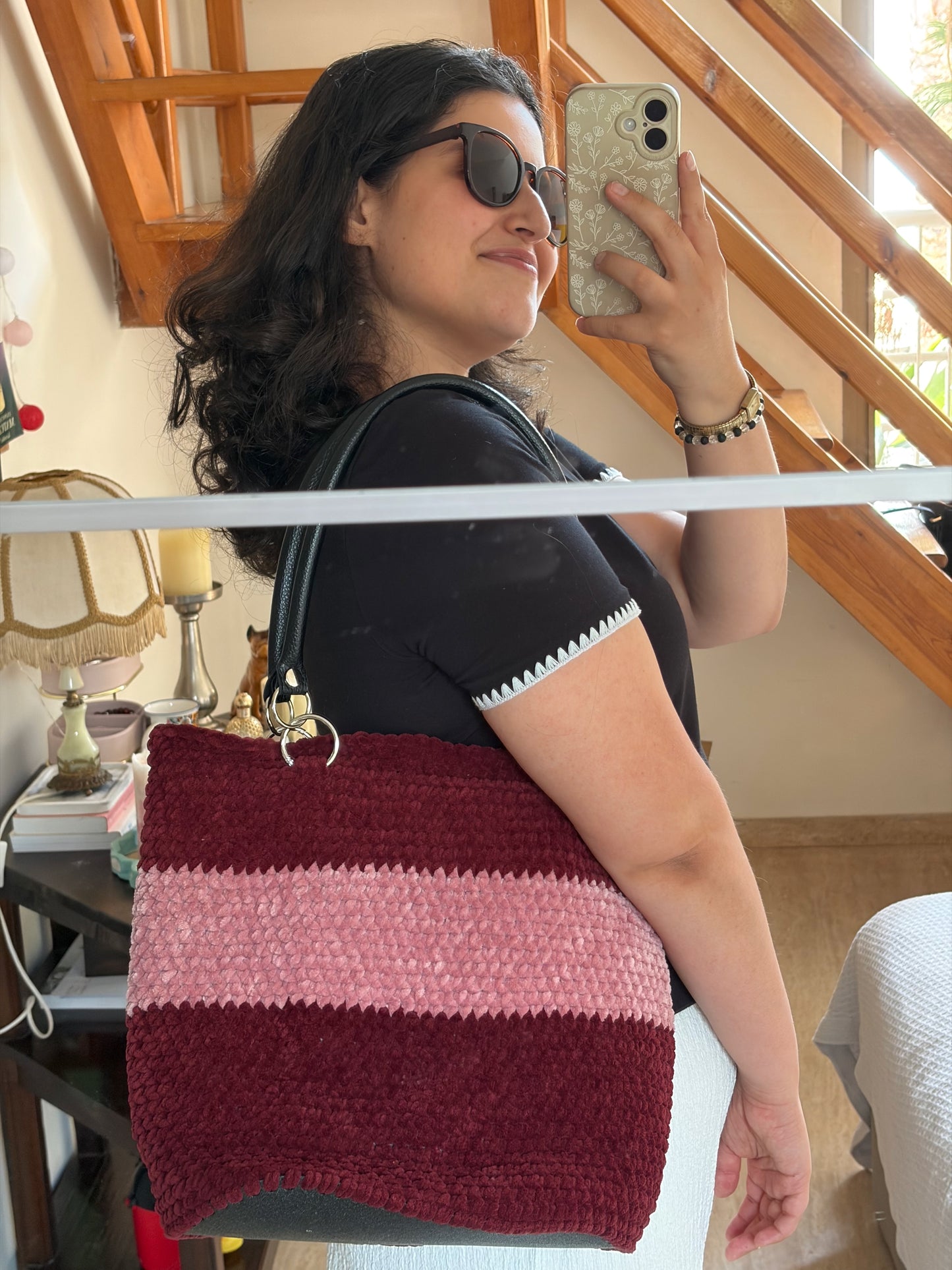 SAC TOTE CROCHET VELOURS BORDEAUX & ROSE 🍒🩷