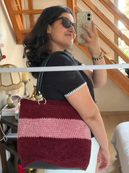 SAC TOTE CROCHET VELOURS BORDEAUX & ROSE 🍒🩷