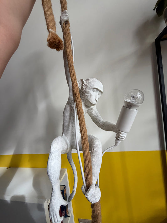 LAMPE SINGE RÉSINE BLANCHE CORDE SUSPENDUE | VINTAGE 🐒✨