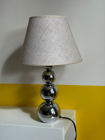 LAMPE DE TABLE CHROME TRIPLE SPHÈRE ABAT-JOUR LIN | VINTAGE