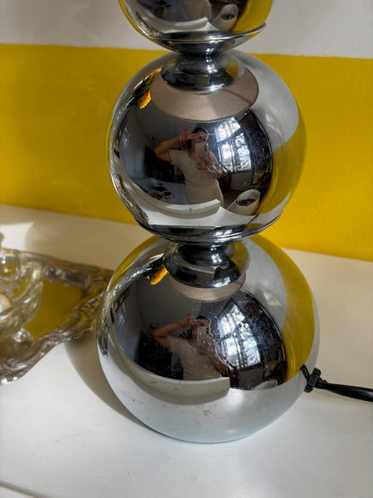 LAMPE DE TABLE CHROME TRIPLE SPHÈRE ABAT-JOUR LIN | VINTAGE