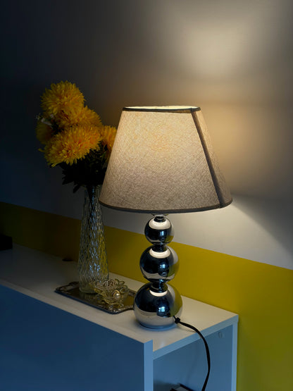 LAMPE DE TABLE CHROME TRIPLE SPHÈRE ABAT-JOUR LIN | VINTAGE