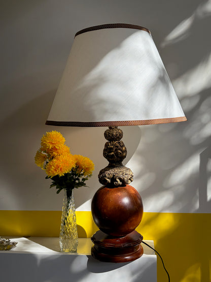 LAMPE DE TABLE BOIS TOURNÉ BRONZE SCULPTÉ | VINTAGE