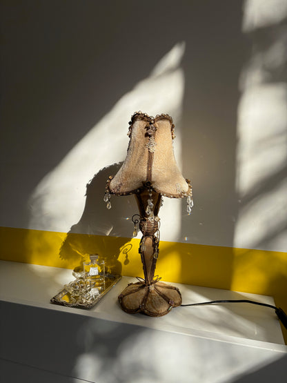 LAMPE DE TABLE LA FÉÉRIQUE TISSU CHAMPAGNE PENDELOQUES CRISTAL | VINTAGE ✨🕯️