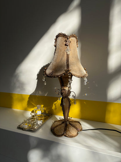 LAMPE DE TABLE LA FÉÉRIQUE TISSU CHAMPAGNE PENDELOQUES CRISTAL | VINTAGE ✨🕯️