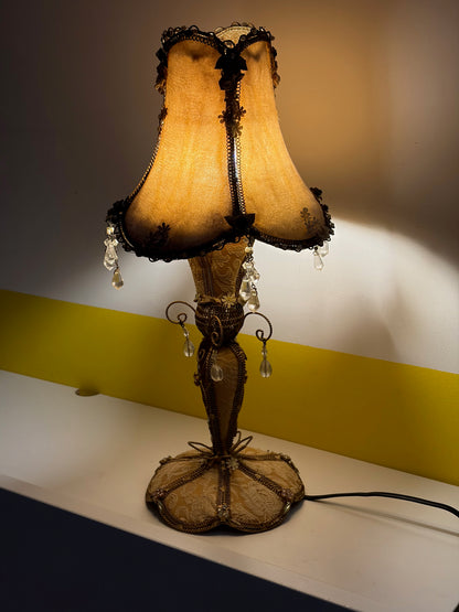 LAMPE DE TABLE LA FÉÉRIQUE TISSU CHAMPAGNE PENDELOQUES CRISTAL | VINTAGE ✨🕯️