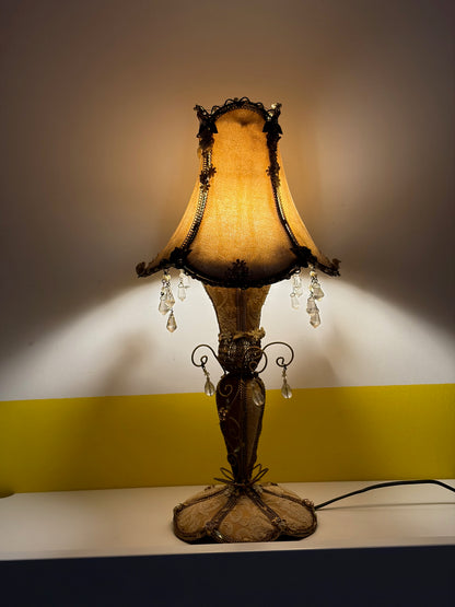 LAMPE DE TABLE LA FÉÉRIQUE TISSU CHAMPAGNE PENDELOQUES CRISTAL | VINTAGE ✨🕯️