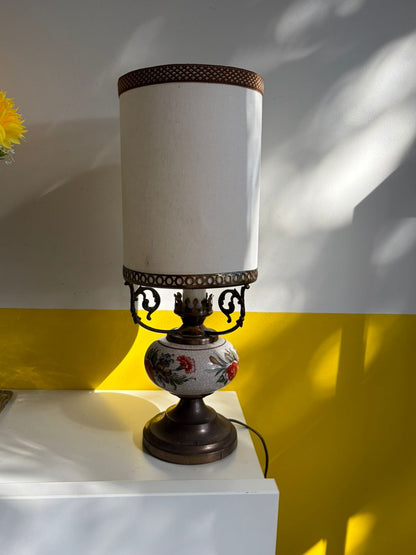 LAMPE DE TABLE CÉRAMIQUE FLORALE ET MÉTAL VINTAGE