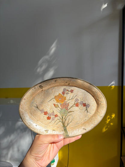 PLATEAU OVALE PAPIER MÂCHÉ FLEURS PEINTES | VINTAGE