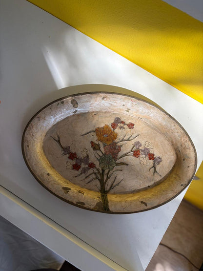 PLATEAU OVALE PAPIER MÂCHÉ FLEURS PEINTES | VINTAGE