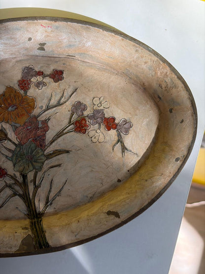 PLATEAU OVALE PAPIER MÂCHÉ FLEURS PEINTES | VINTAGE