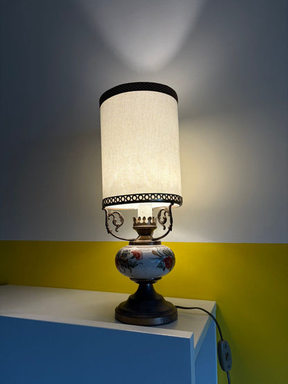 LAMPE DE TABLE CÉRAMIQUE FLORALE ET MÉTAL VINTAGE