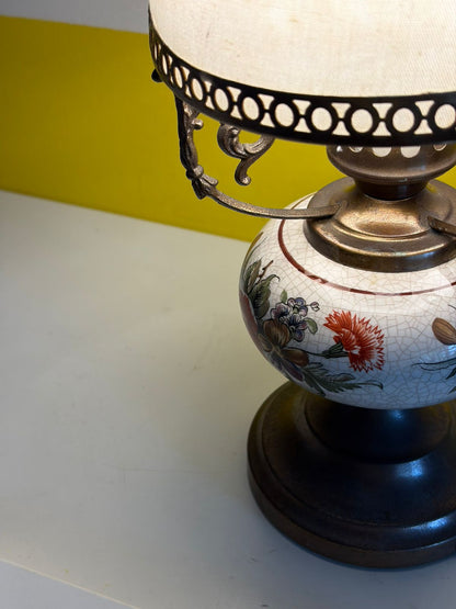 LAMPE DE TABLE CÉRAMIQUE FLORALE ET MÉTAL VINTAGE