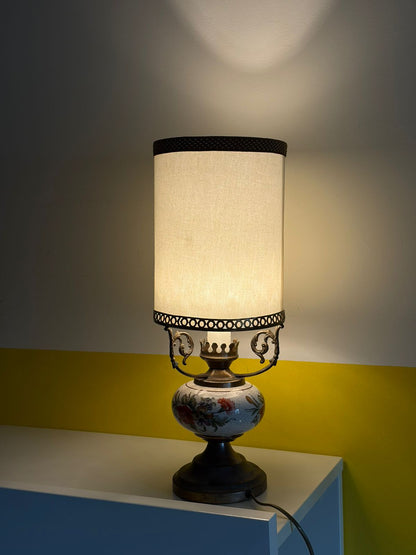 LAMPE DE TABLE CÉRAMIQUE FLORALE ET MÉTAL VINTAGE