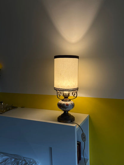 LAMPE DE TABLE CÉRAMIQUE FLORALE ET MÉTAL VINTAGE