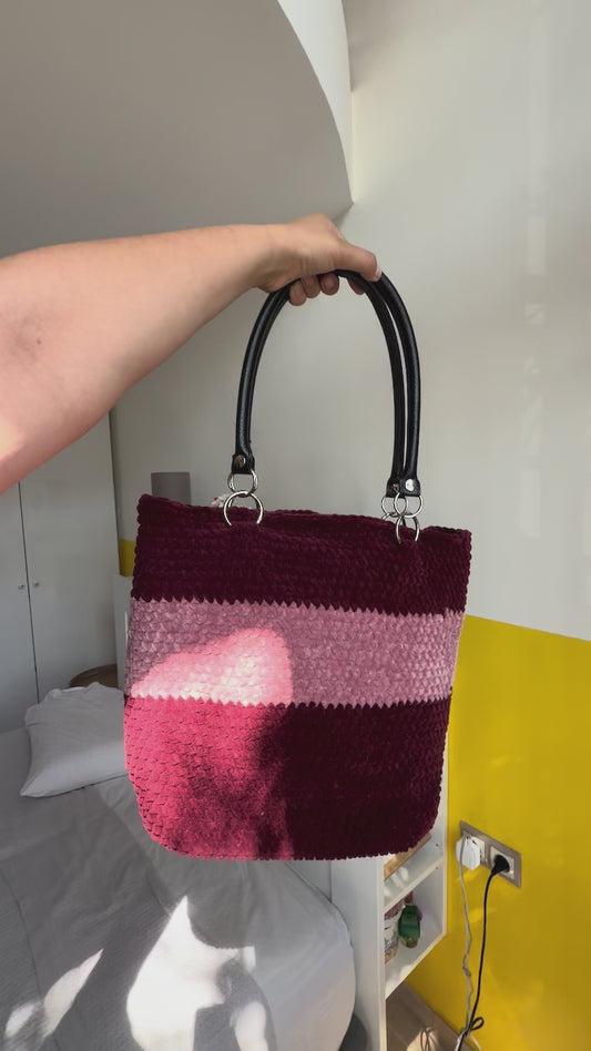 SAC TOTE CROCHET VELOURS BORDEAUX & ROSE 🍒🩷